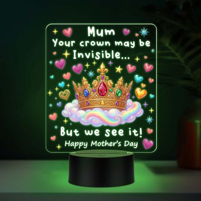 Mom Invisible Crown Quote Acrylic LED Lamp with UV Print – 7 Color Changing Night Light USB Powered Mothers Day Gift